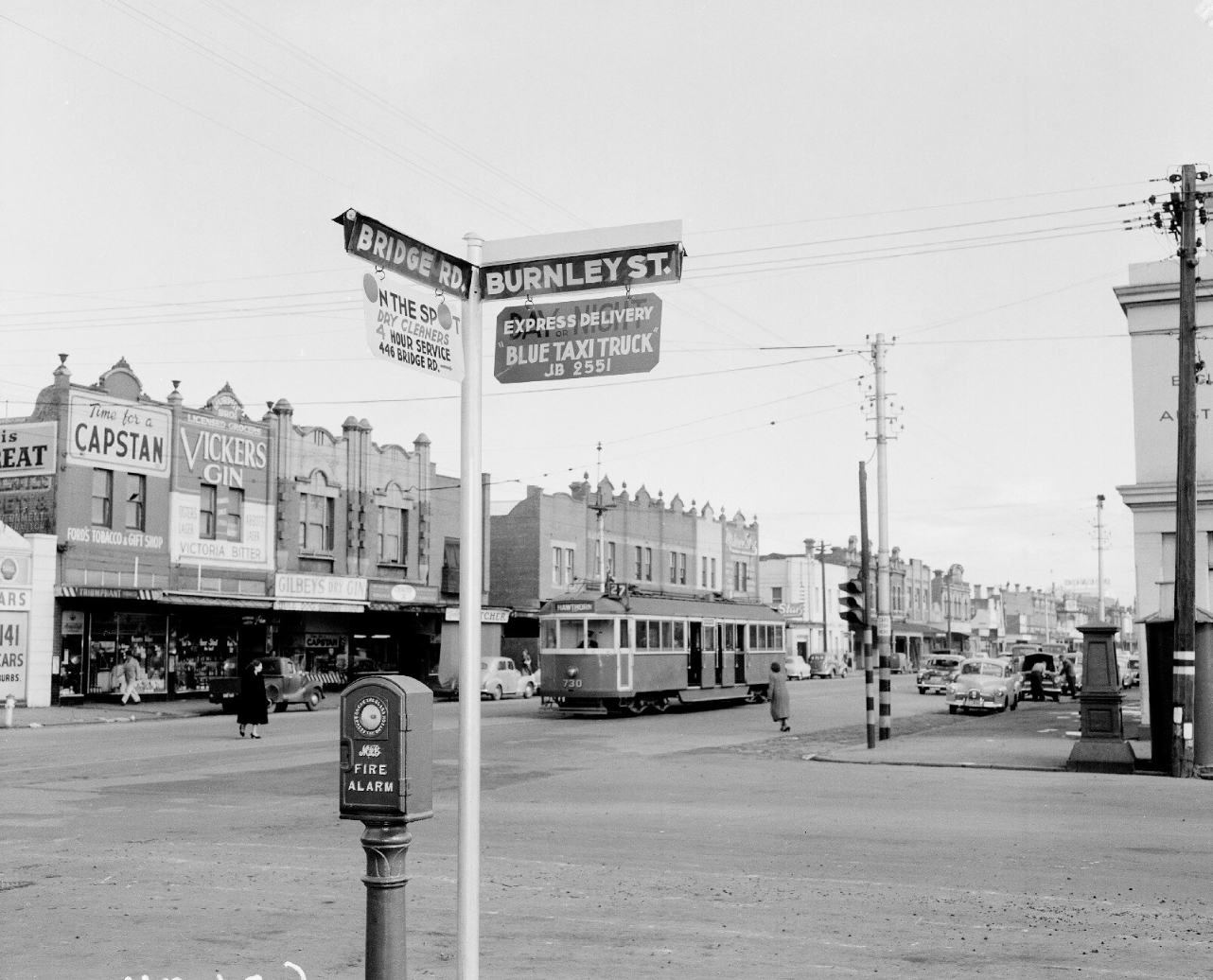 Historic photograph of the Bridge Road and Burnley Street corner in Richmond, Melbourne